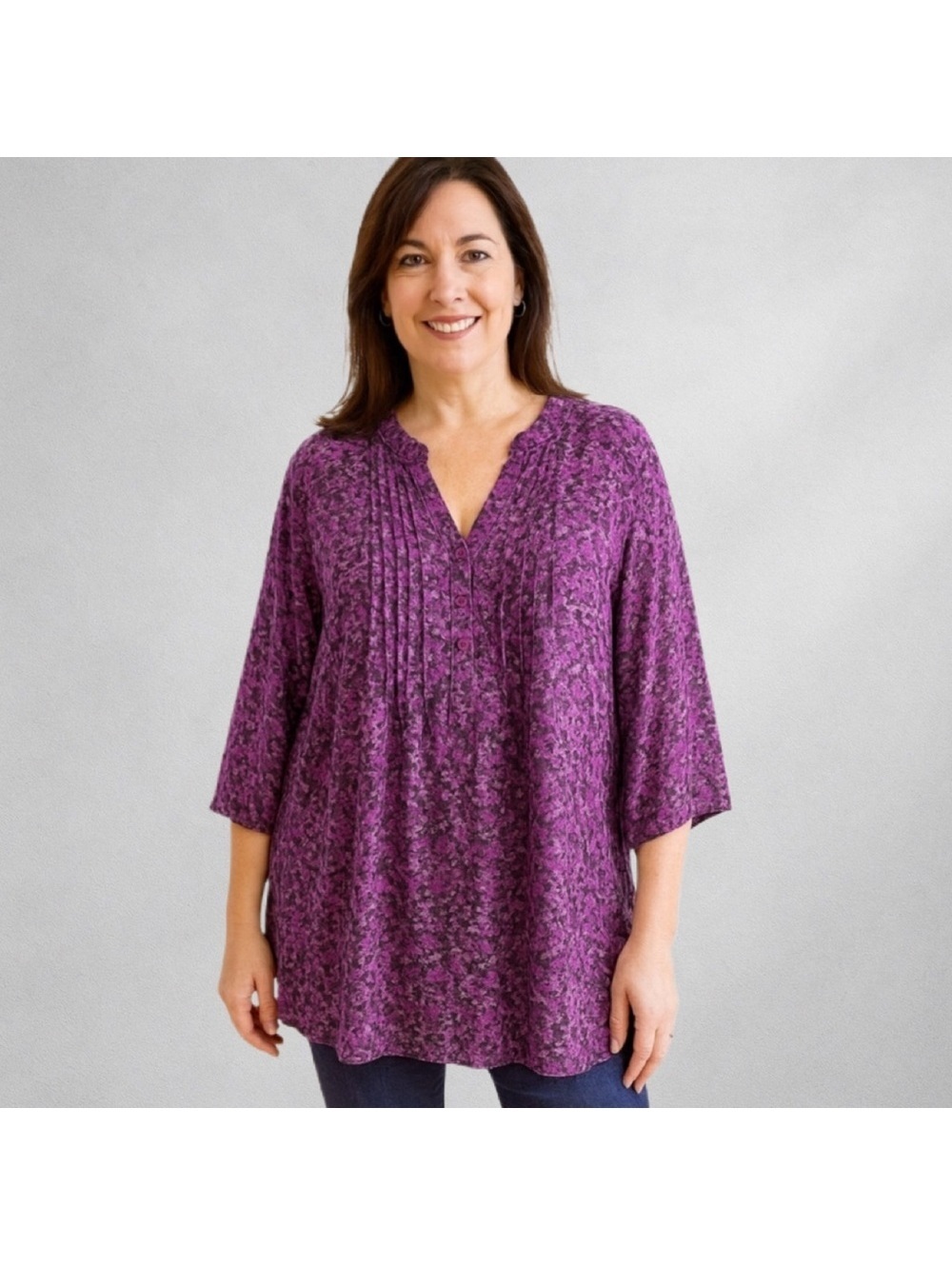 Mainstreet Blues 28W Women’s Blouse Purple Floral 3/4 Button Lined Chiffon